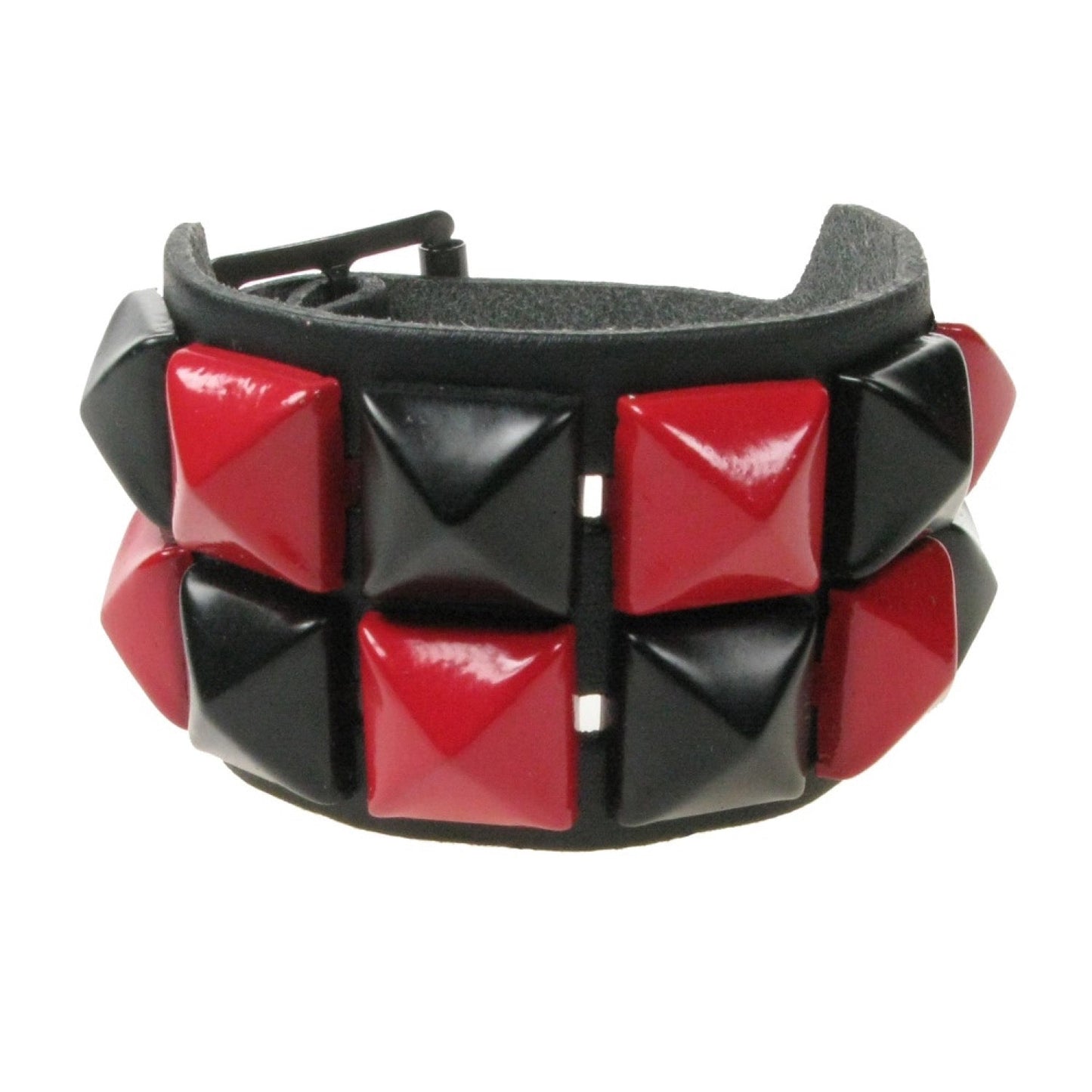 WB094A 2 ROW RED AND BLACK PYRAMID LEATHER WRISTBAND - BLACK