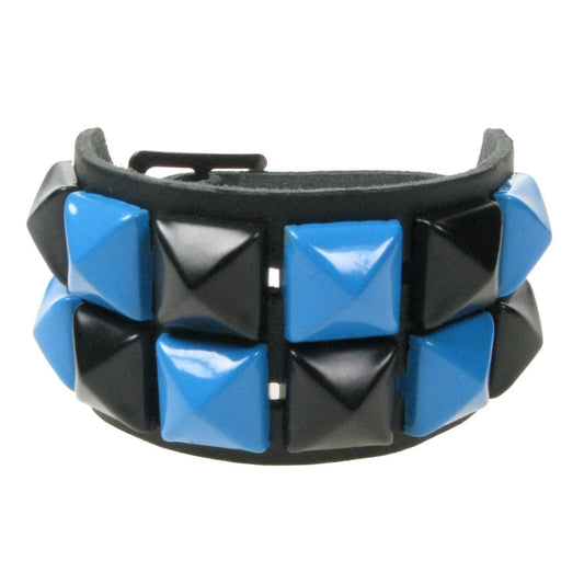 WB094B 2 ROW BLUE AND BLACK PYRAMID LEATHER WRISTBAND - BLACK