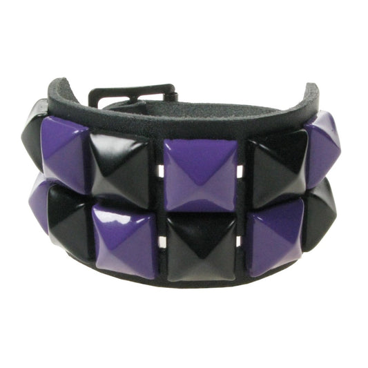 WB094D 2 ROW PURPLE AND BLACK PYRAMID LEATHER WRISTBAND - BLACK