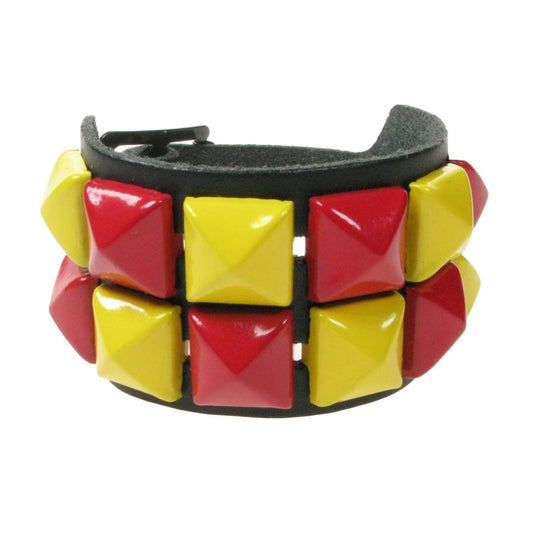 WB094F 2 ROW YELLOW AND RED PYRAMID LEATHER WRISTBAND - BLACK