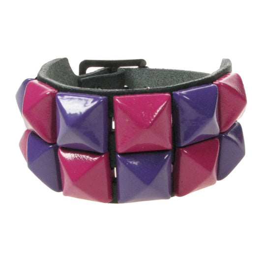 WB094G 2 ROW MAUVE AND PURPLE PYRAMID LEATHER WRISTBAND - BLACK