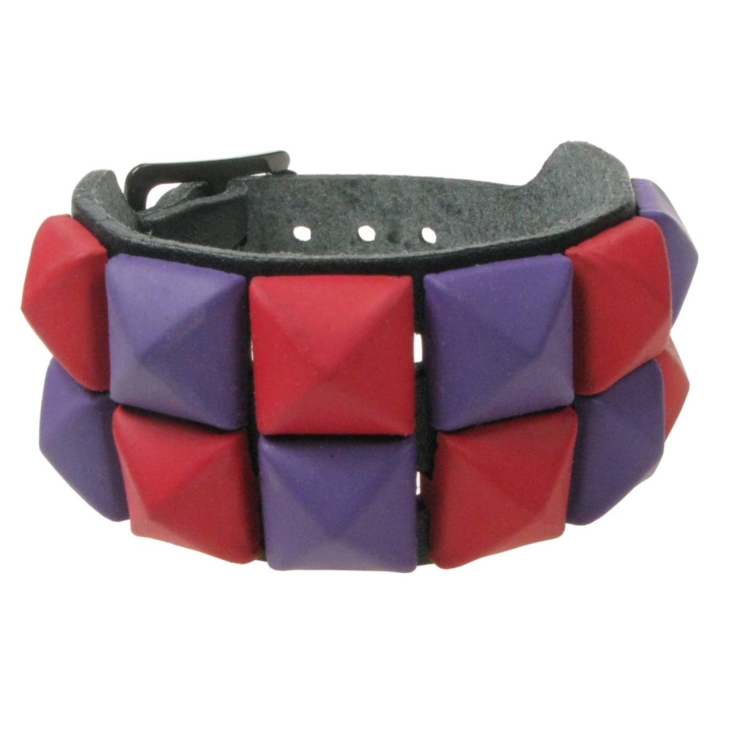 WB094I 2 ROW RUBBER PURPLE AND RED PYRAMID LEATHER WRISTBAND - BLACK