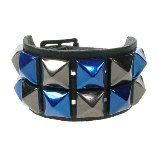 WB094J 2 ROW METALLIC BLACK AND BLUE PYRAMID LEATHER WRISTBAND - BLACK