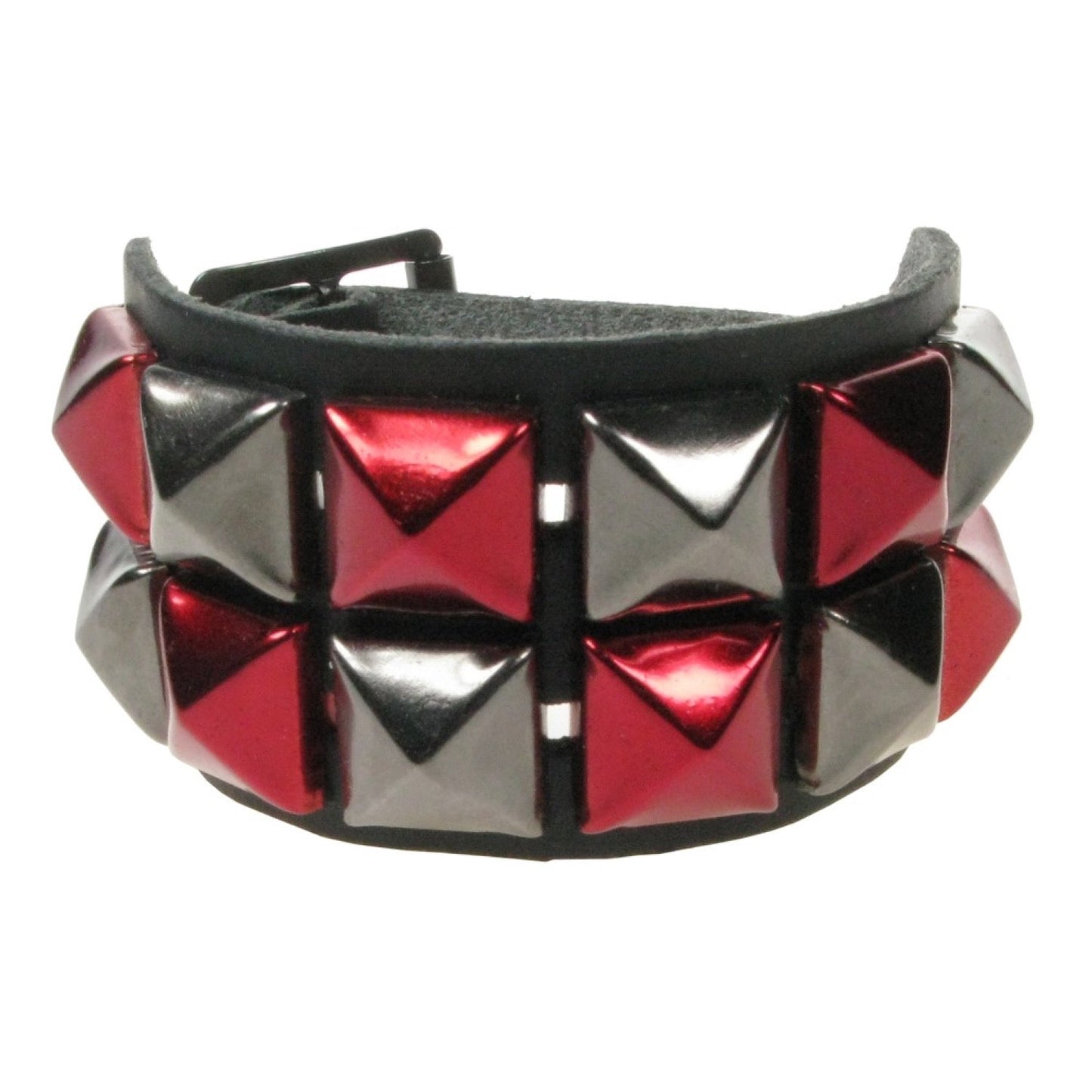 WB094K 2 ROW METALLIC BLACK AND RED PYRAMID LEATHER WRISTBAND - BLACK