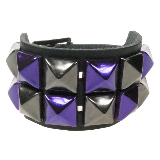 WB094M 2 ROW METALLIC BLACK AND PURPLE PYRAMID LEATHER WRISTBAND - BLACK