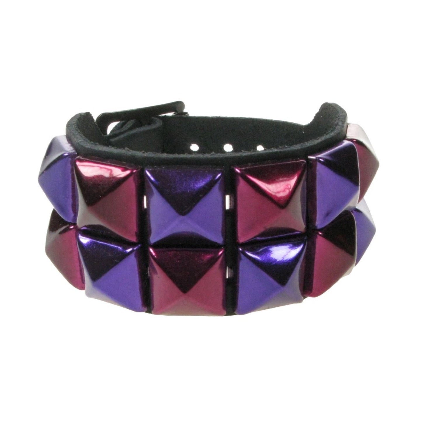 WB094N 2 ROW METALLIC MAUVE AND PURPLE PYRAMID LEATHER WRISTBAND - BLACK
