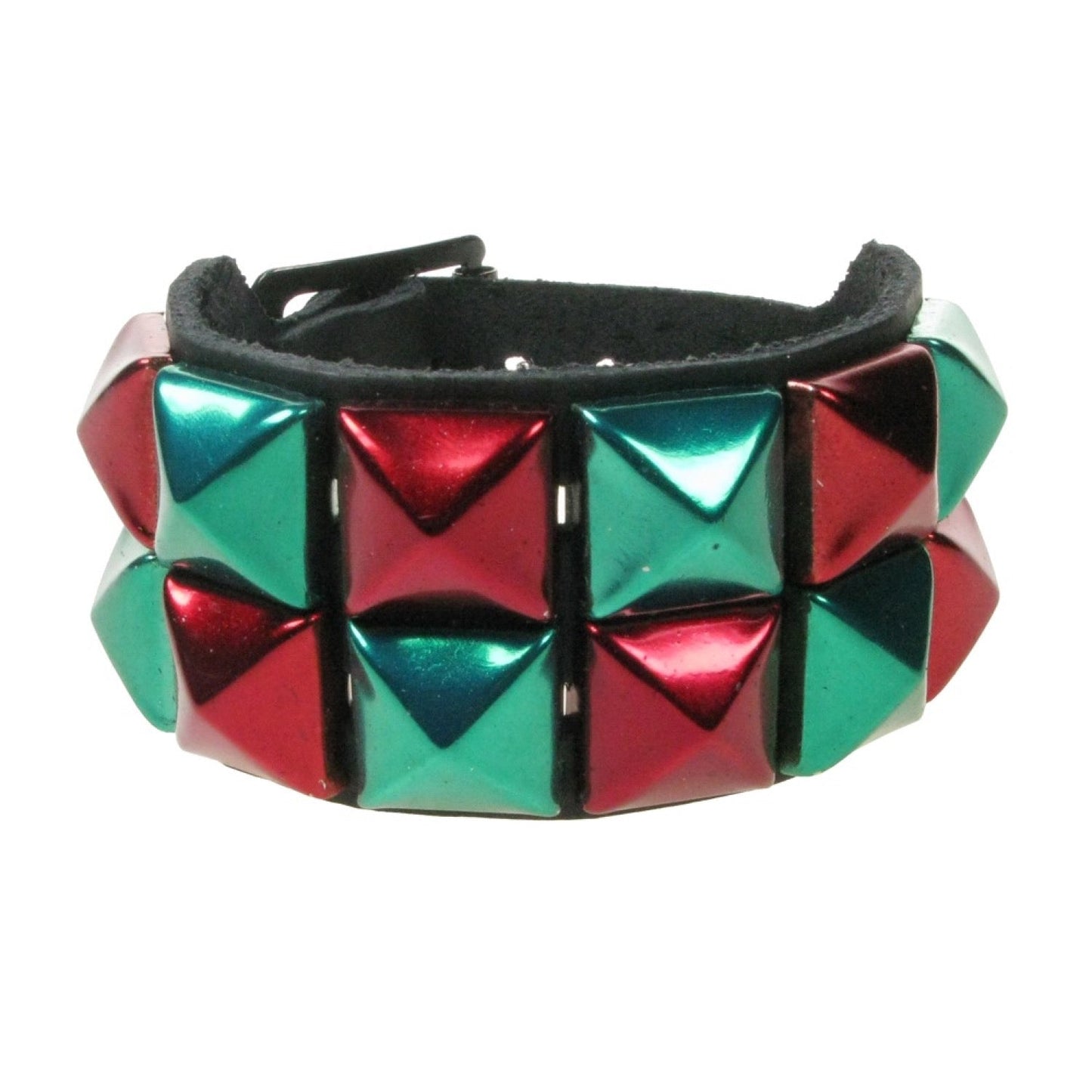 WB094O 2 ROW METALLIC GREEN AND RED PYRAMID LEATHER WRISTBAND - BLACK