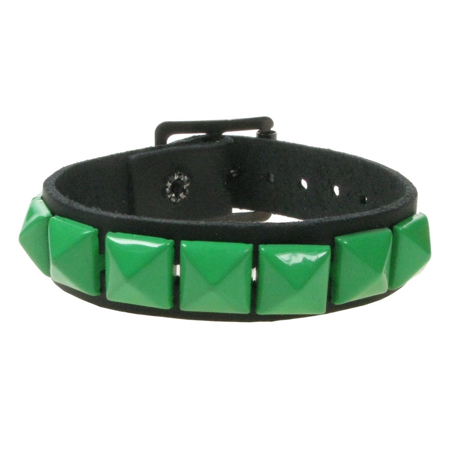 WB101D 1 ROW SMALL GREEN PYRAMID LEATHER WRISTBAND -BLACK