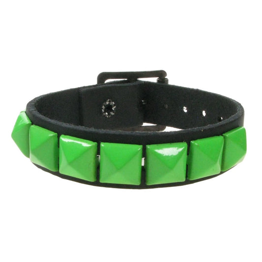WB101E 1 ROW SMALL FLUORESCENT GREEN PYRAMID LEATHER WRISTBAND - BLACK