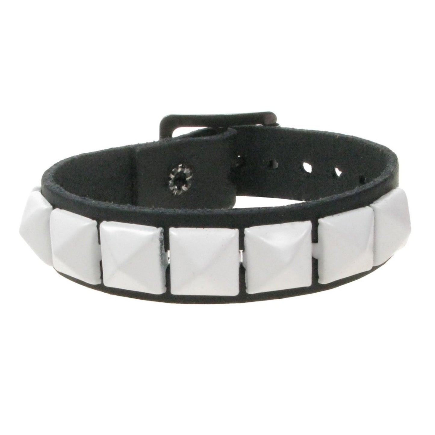 WB101H 1 ROW SMALL WHITE PYRAMID LEATHER WRISTBAND - BLACK