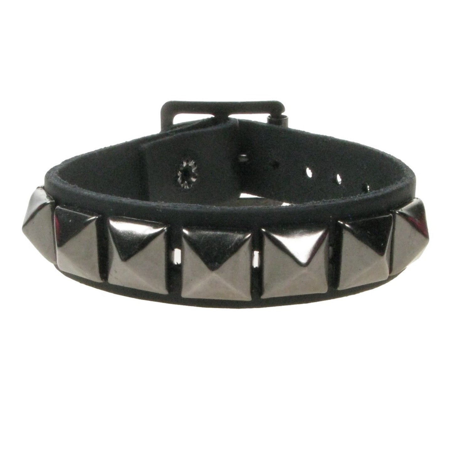 WB101K 1 ROW SMALL GUN METAL PYRAMID LEATHER WRISTBAND - BLACK