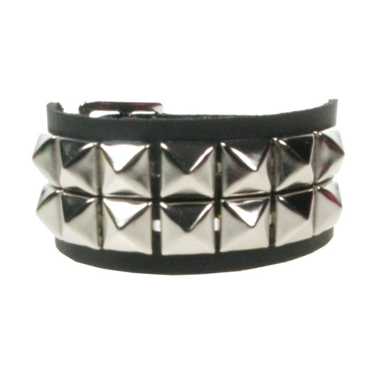 WB102 2 Row Small Pyramid Leather Wristband - Black