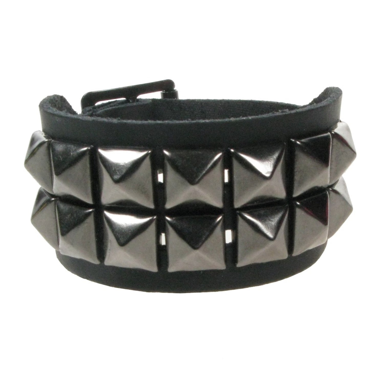 WB102b 2 Row Small Pyramid Black Wristband - Black Leather Wristband