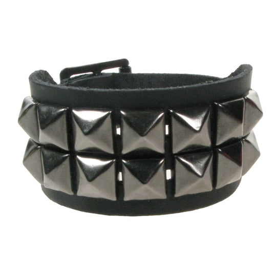 WB102b 2 Row Small Pyramid Black Wristband - Black Leather Wristband