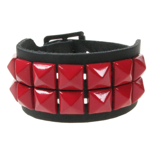 WB102C 2 ROW SMALL PYRAMID RED LEATHER WRISTBAND - BLACK