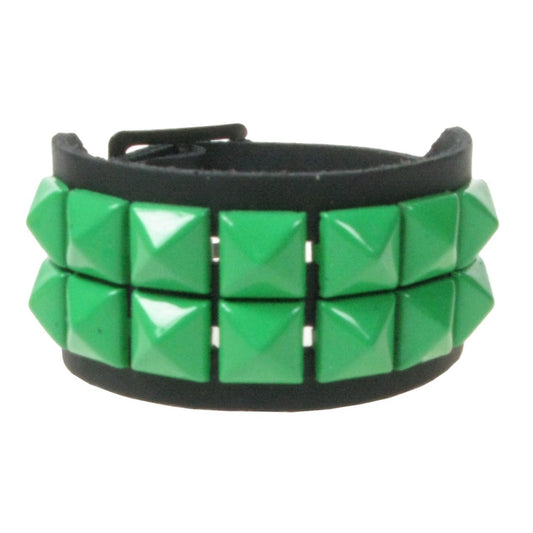 WB102D 2 ROW SMALL PYRAMID GREEN LEATHER WRISTBAND - BLACK