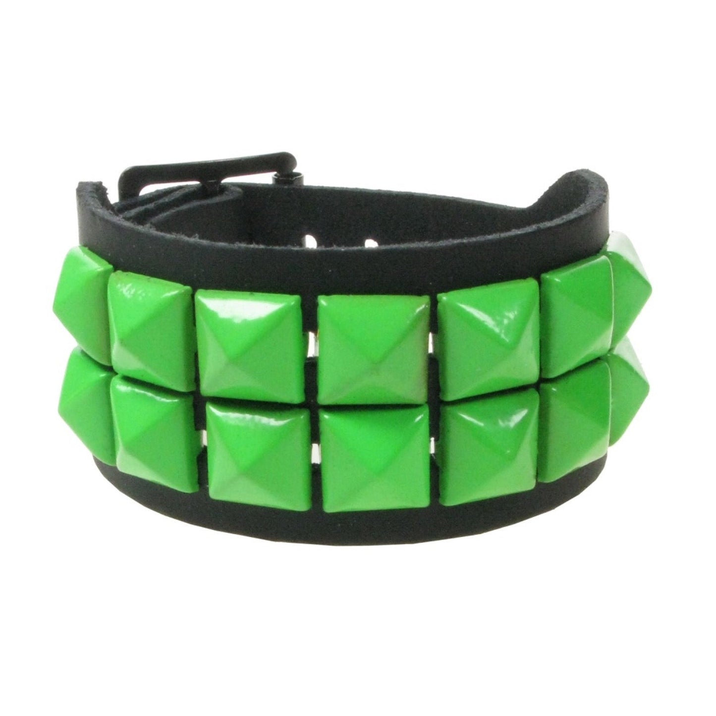 WB102E 2 Row Small Pyramid Fluorescent Green Wristband - Black Leather Wristband