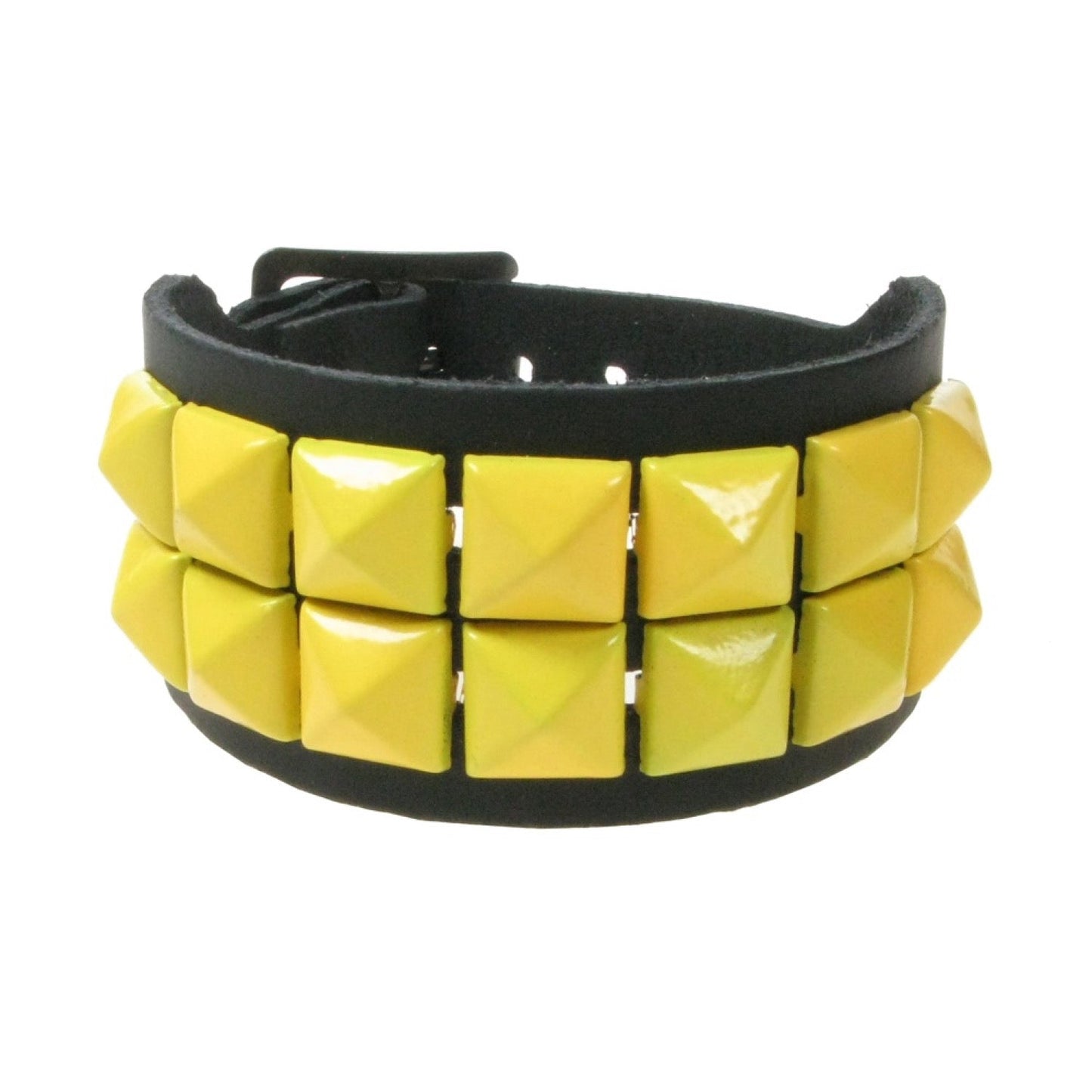 WB102F 2 Row Small Pyramid Yellow Wristband - Black Leather Wristband