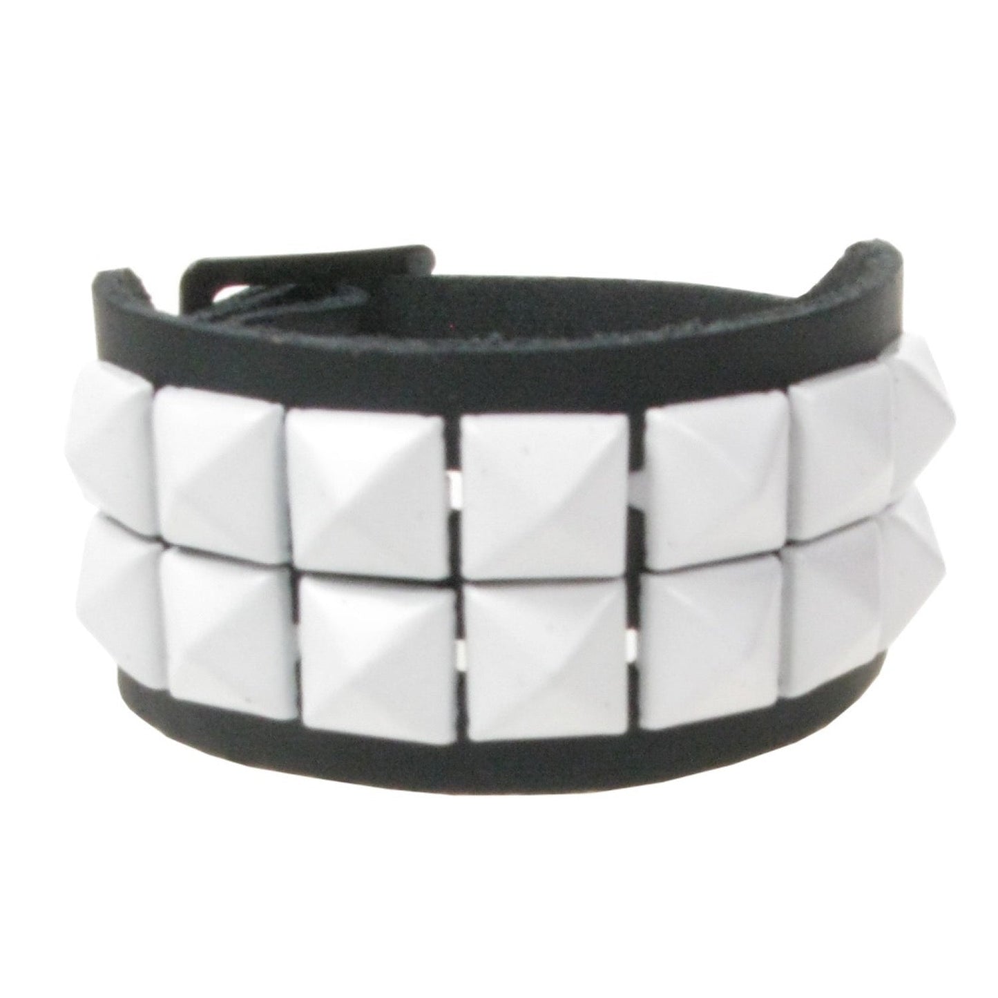 WB102G 2 Row Small Pyramid White Wristband - Black Leather Wristband
