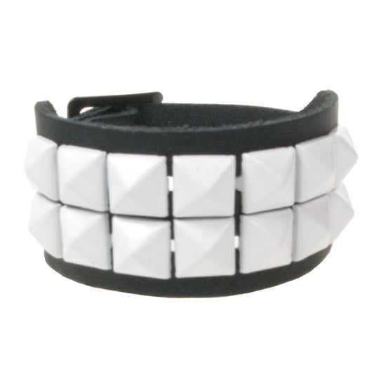 WB102G 2 Row Small Pyramid White Wristband - Black Leather Wristband