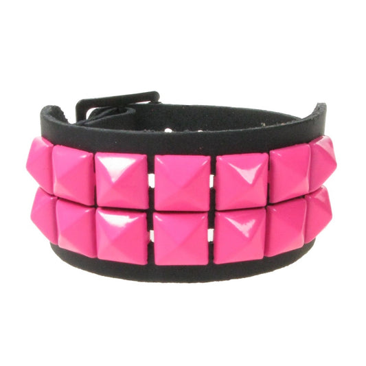 WB102J 2 Row Small Pyramid Fluorescent Pink Wristband - Black Leather Wristband