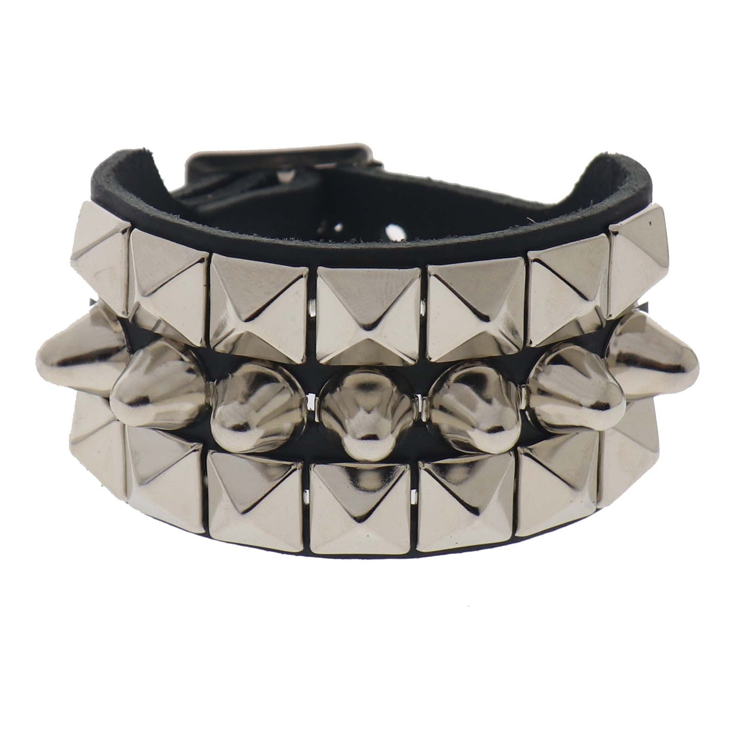 WB106a 3 Row width 2 Row Small Pyramid and 1 Row Large Dome Conical Leather Wristband - Black