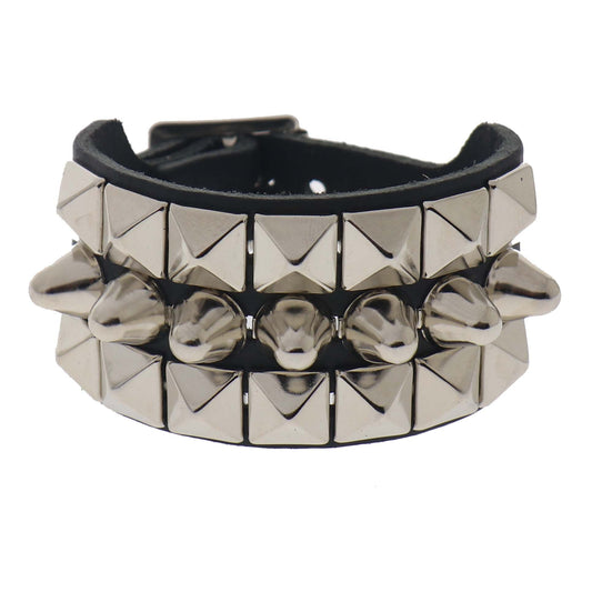 WB106a 3 Row width 2 Row Small Pyramid and 1 Row Large Dome Conical Leather Wristband - Black