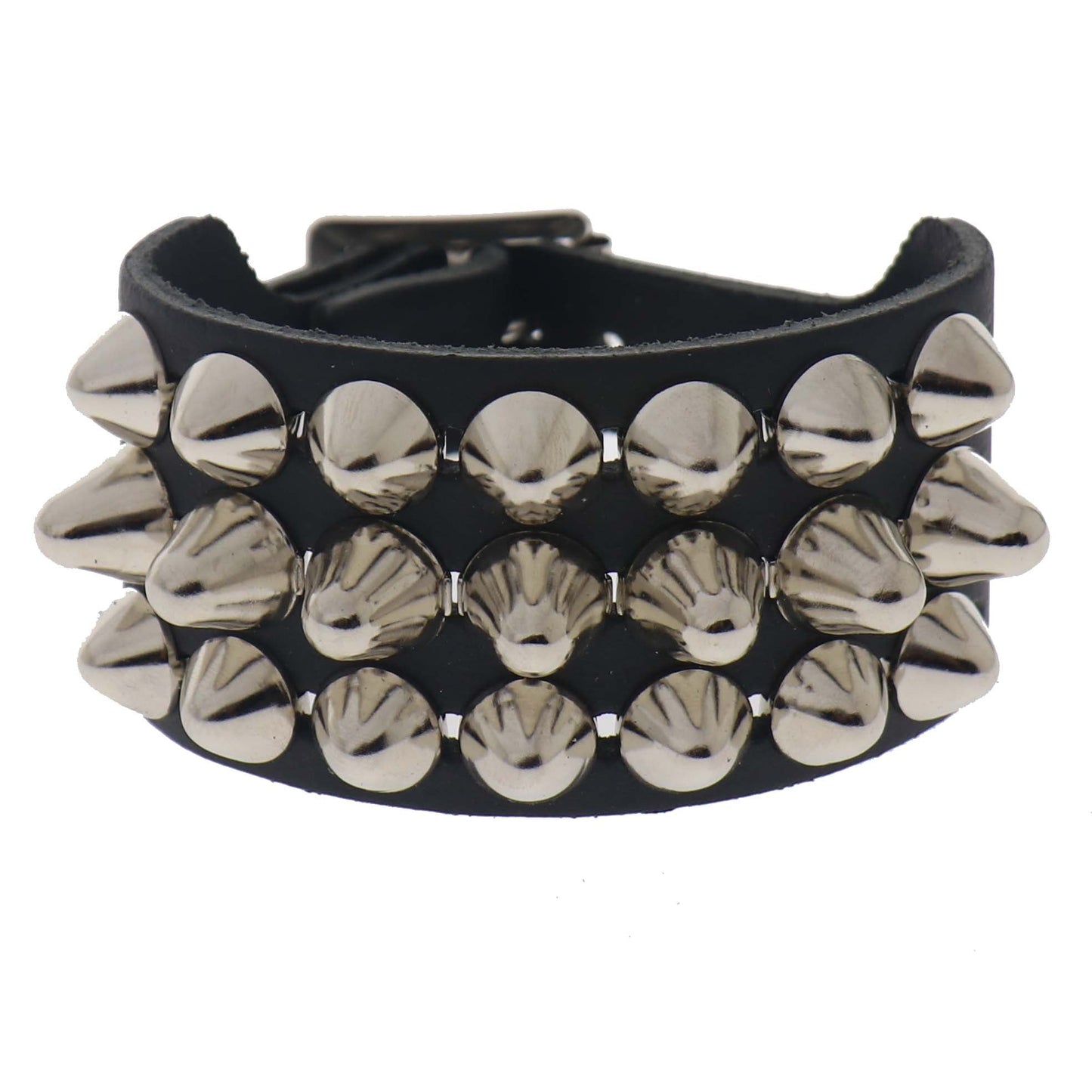 WB106c 3 Row Large Dome Conical Leather Wristband - Black
