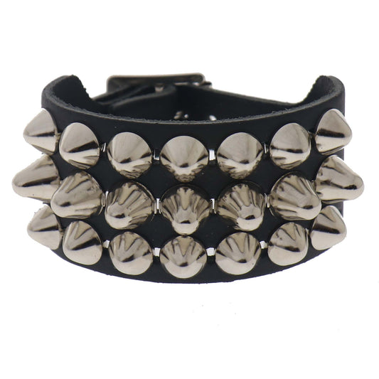 WB106c 3 Row Large Dome Conical Leather Wristband - Black