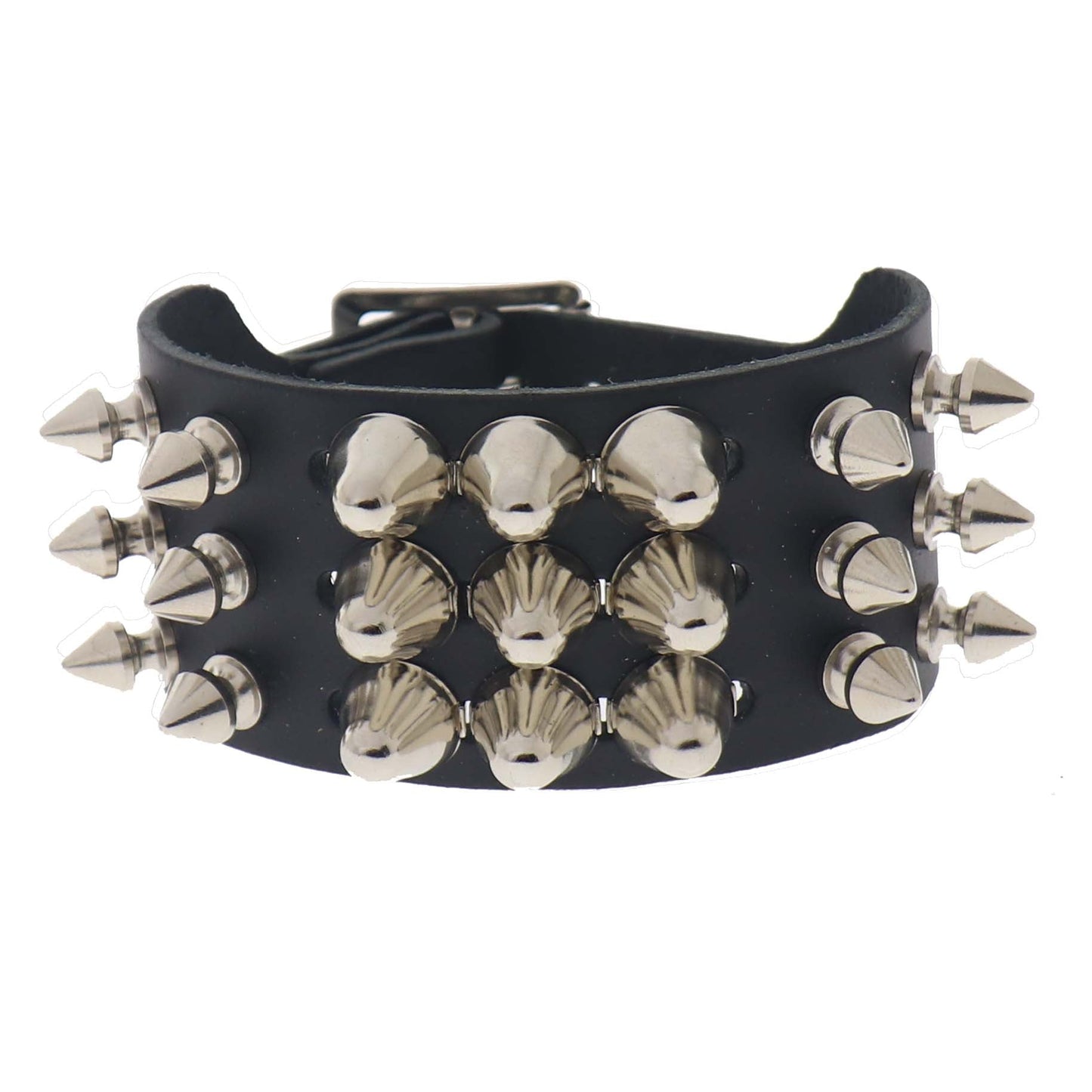 WB106d 3 Row Spike and Large Dome Conical Leather Wristband - Black