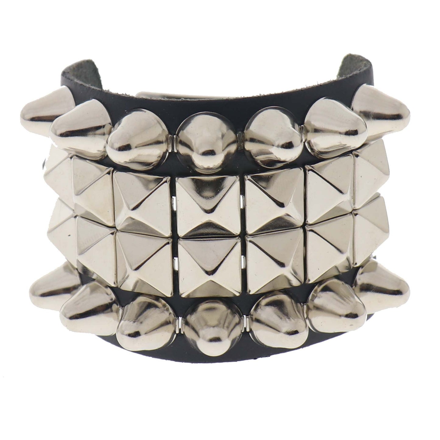 WB108a 4 Row width 2 Row Dome Conical and 2 Row Small Pyramid Leather Wristband - Black