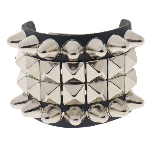 WB108a 4 Row width 2 Row Dome Conical and 2 Row Small Pyramid Leather Wristband - Black
