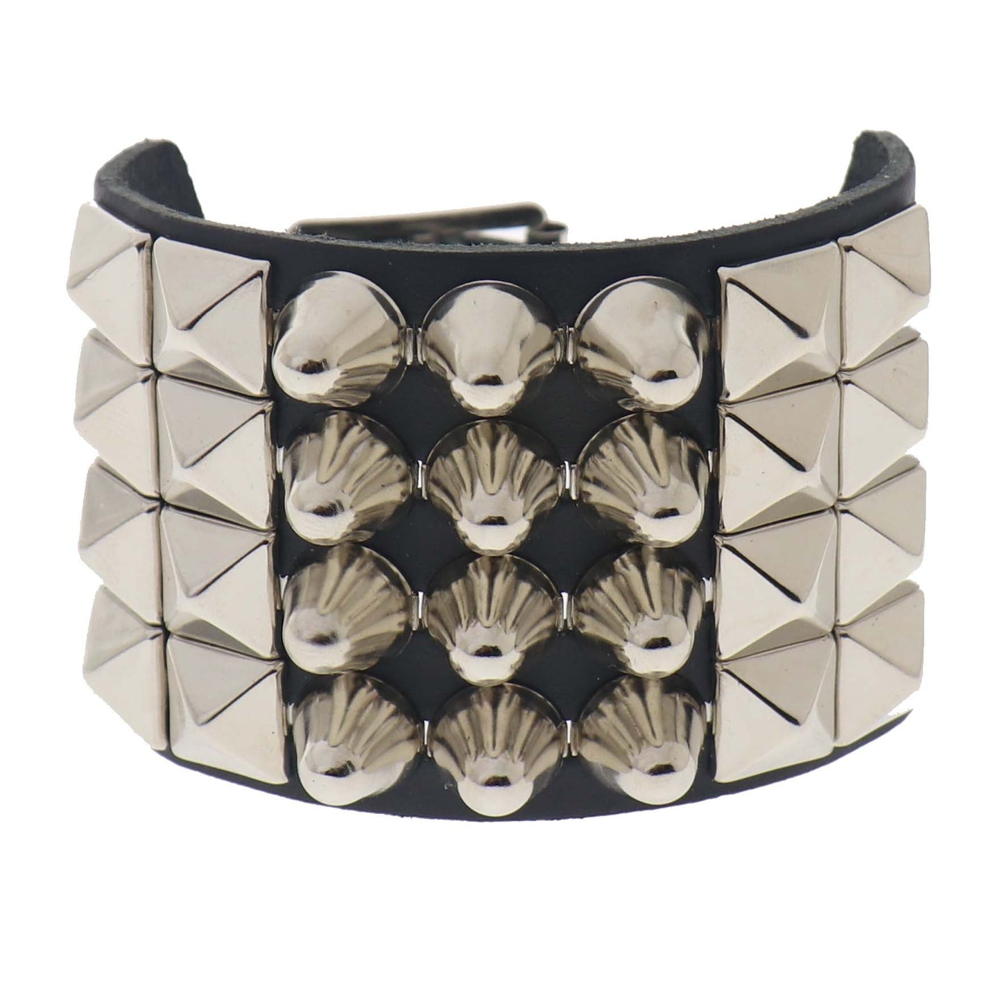 WB108b 4 Row width 2 Row Dome Conical and 2 Row Small Pyramid Leather Wristband - Black