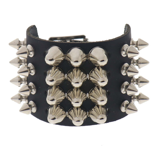 WB108c 4 Row Spike and Large Dome Conical Leather Wristband - Black