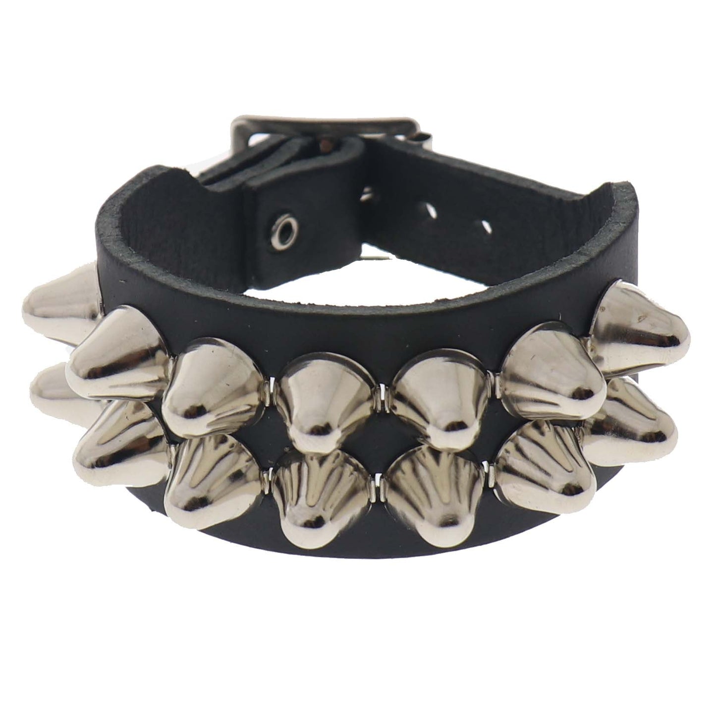 WB114a 2 Row Large Dome Conical Leather Wristband - Black