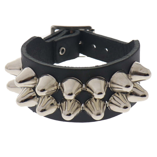 WB114a 2 Row Large Dome Conical Leather Wristband - Black