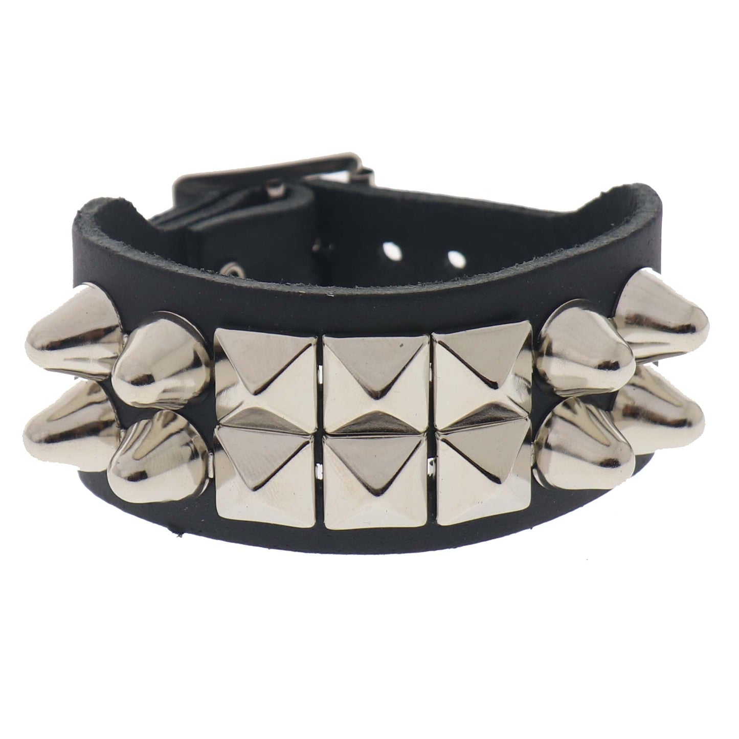 WB114b 2 Row Large Dome Conical and Pyramid Leather Wristband - Black