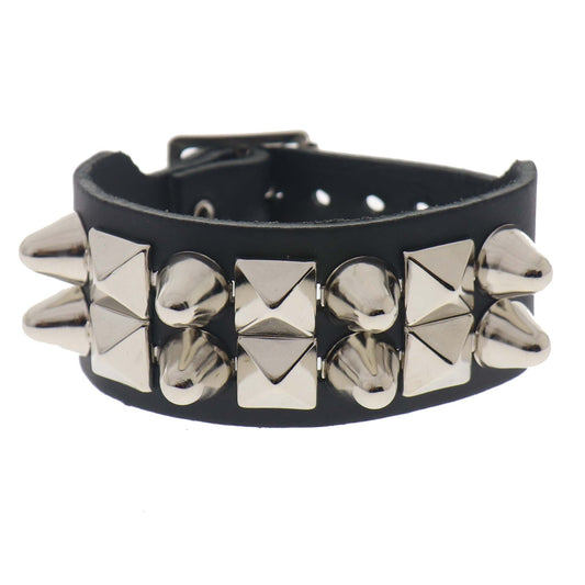 WB114d 2 Row Large Dome Conical and Pyramid Leather Wristband - Black