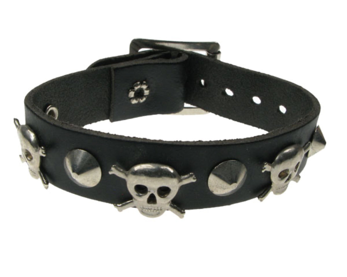 WB468 1 ROW CONICAL AND SKULL & CROSSBONE Leather Wristband - Black