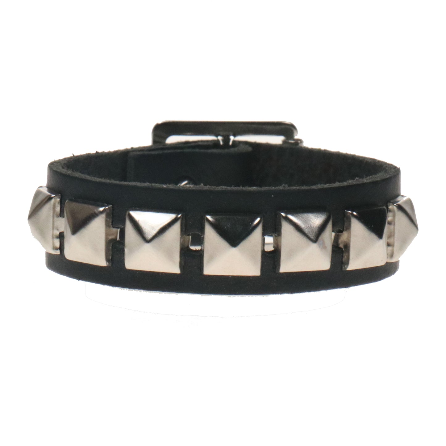 WB476A 1 ROW SMALL 10mm PYRAMID Leather Wristband - Black