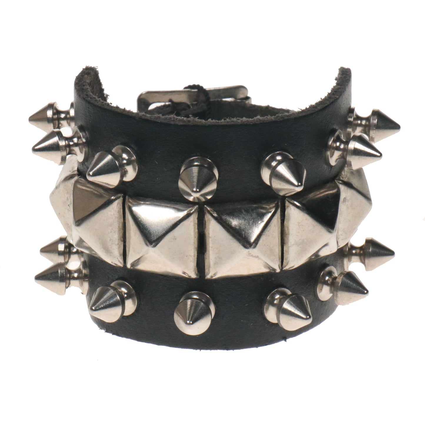 WB487 3 ROW WIDTH, SPIKE AND PYRAMID Leather Wristband - Black