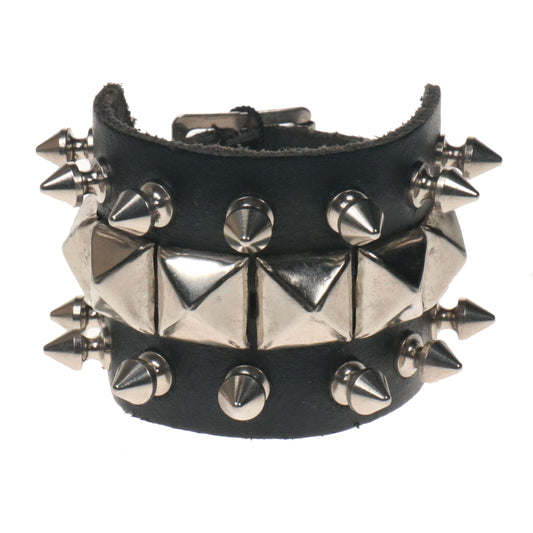 WB487 3 ROW WIDTH, SPIKE AND PYRAMID Leather Wristband - Black