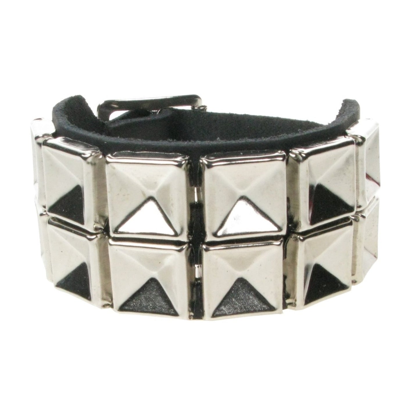 WB778a 1 Row Inverted Pyramid Silver - Black  Leather Wristband