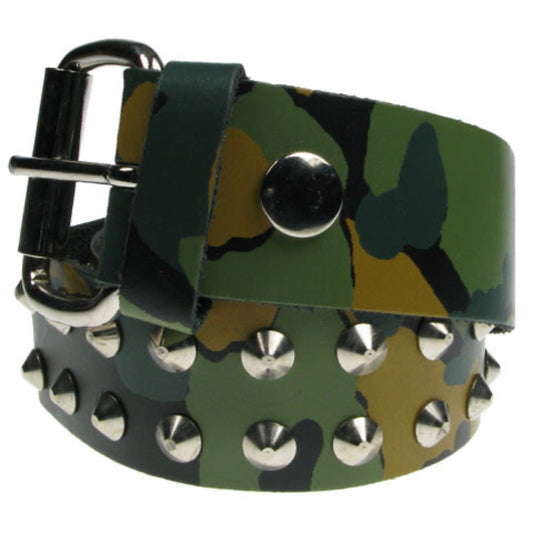 B005 - 38mm 2 Row Conical on Green Camo Leather Belt - Green Camo