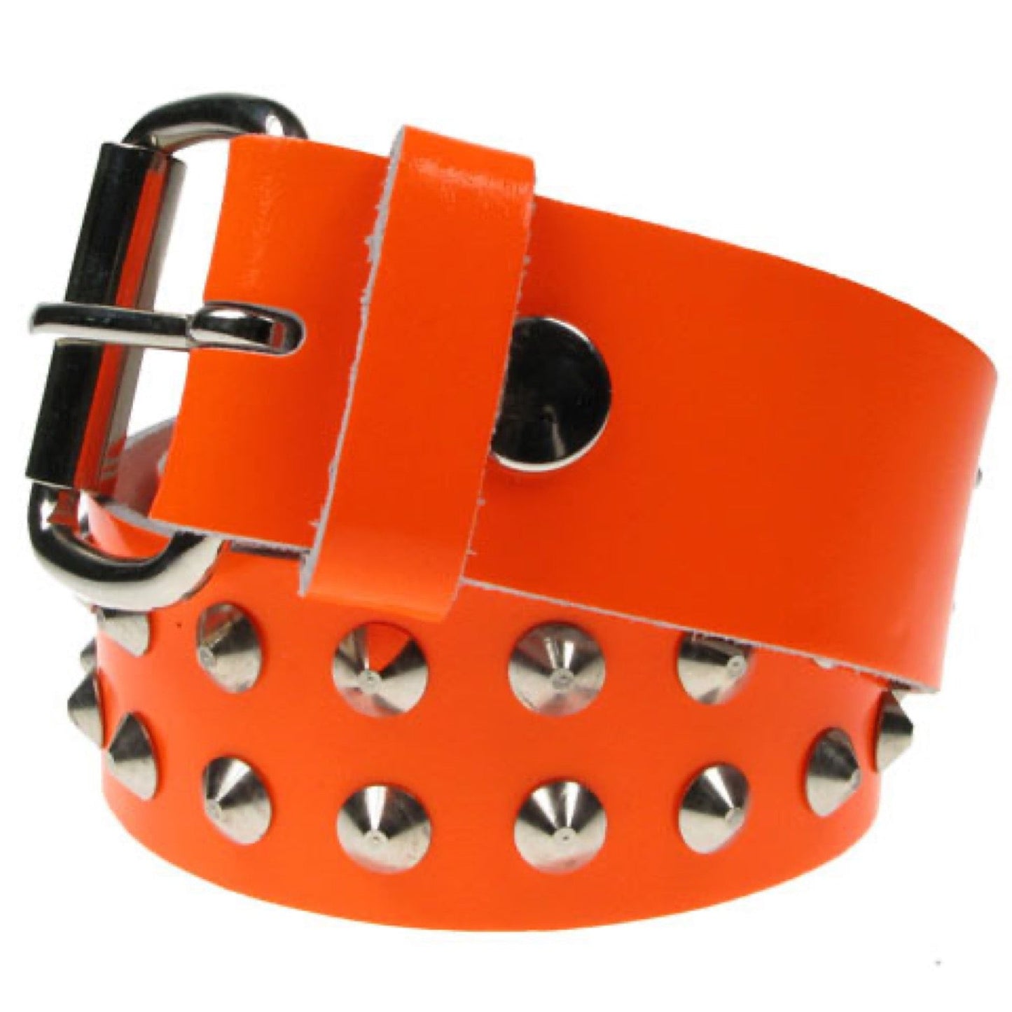 B007 - 38mm 2 Row Conical Leather Belt - Flourescent Patent Orange