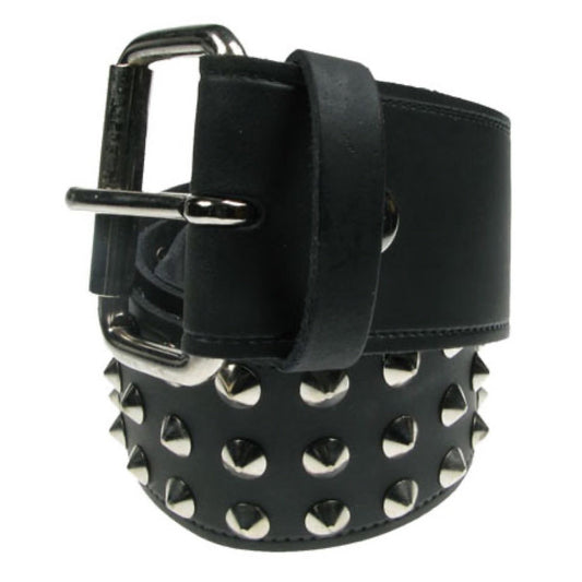 B009 - 51mm 3 Row Conical Leather Belt - Black