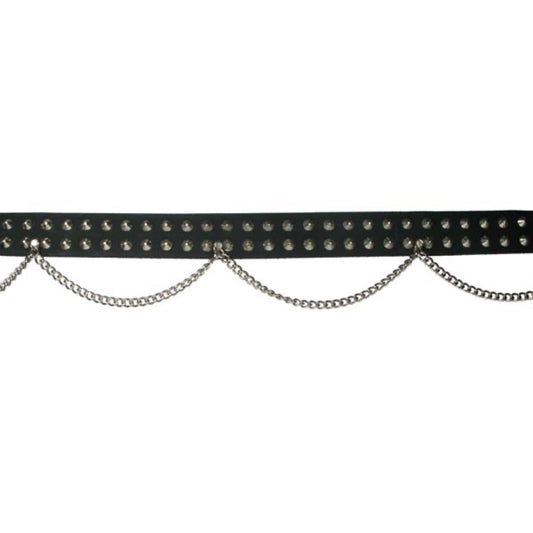 B014 - 38mm 2 Row Conical and Chain Leather Belt - Black