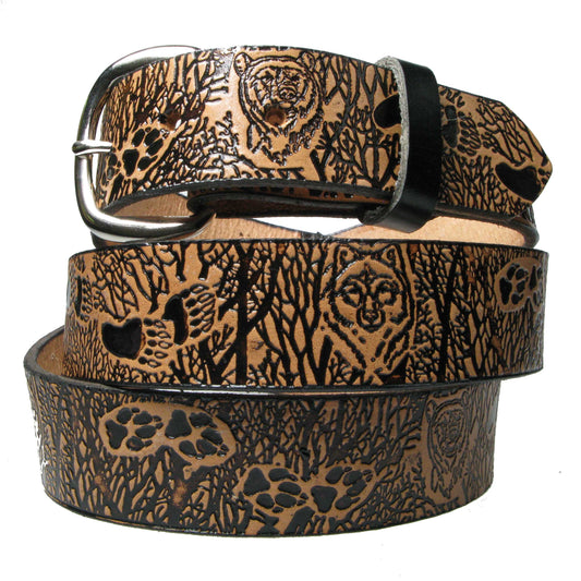 B773 WOLF TRACKS IN FORREST Leather Belt 38mm AMERICAN BELT