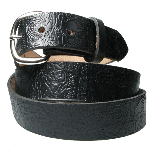 B774 WOLF TRACKS IN FORREST BLACK Leather Belt 38mm AMERICAN BELT