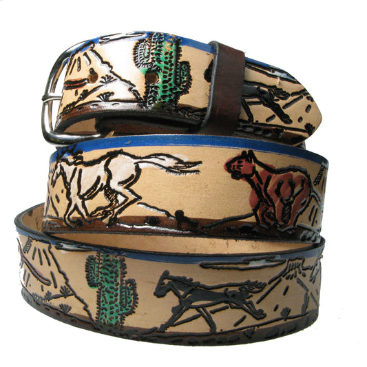 B782 HORSES RUNINNG Leather Belt 38mm AMERICAN BELT